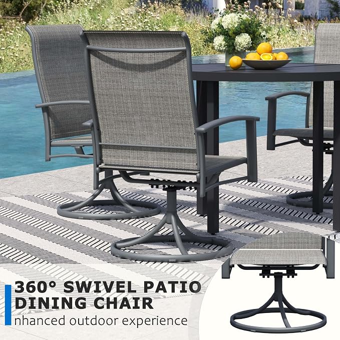 9-Piece Outdoor Dining Set for 8 – 60" Black Round Outdoor Table with Umbrella Hole & 8 Grey Patio Swivel Chairs, All-Weather Patio Furniture