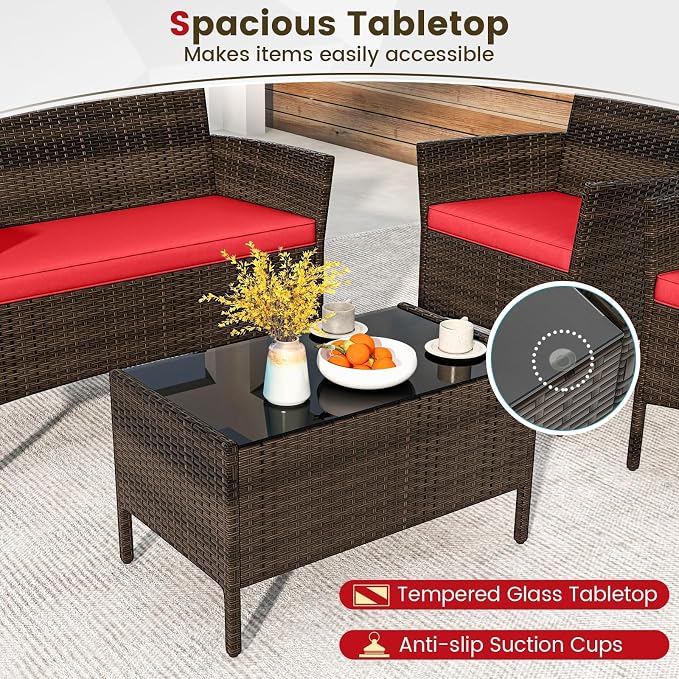 HAPPYGRILL 4pcs Patio Furniture Set Rattan Wicker Conversation Set with Tempered Glass Top Table, Outdoor Wicker Sofa Set with Removable Cushions for Poolside Garden Backyard