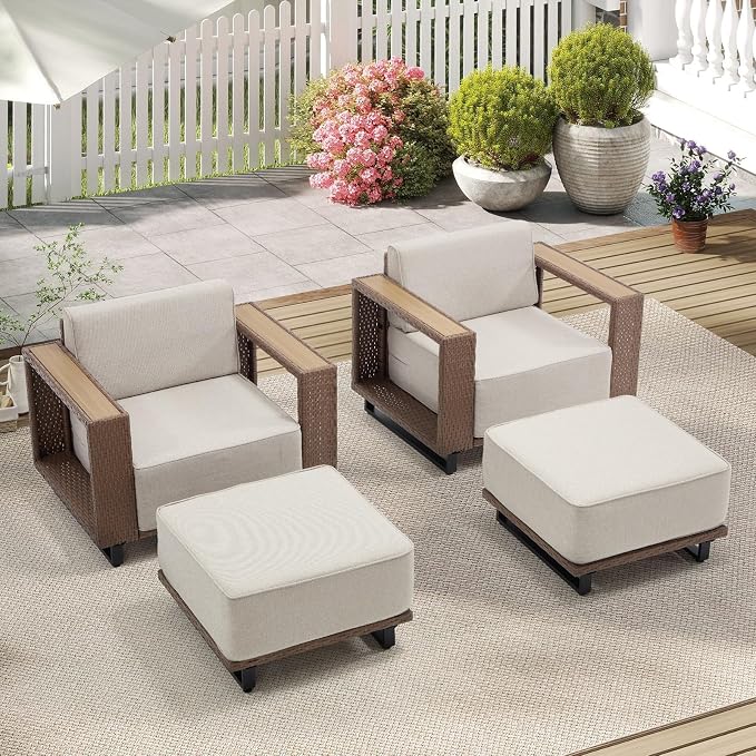 Bonzy Home Wicker Patio Chairs Set of 2 with 2 Ottoman, Rattan Outdoor Lounge Chairs with Extra-Thick Soft Cushions and Widened Armrest, Patio Conversation Sets for Porch, Garden Poolside Balcony