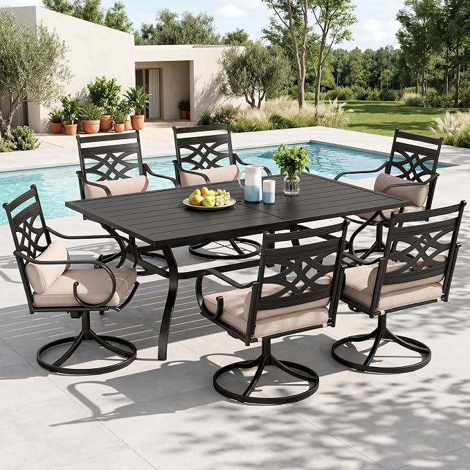 MFSTUDIO 7-Piece Patio Dining Set, 60" Metal Table, Swivel Chairs, Seats 6 | Umbrella Hole