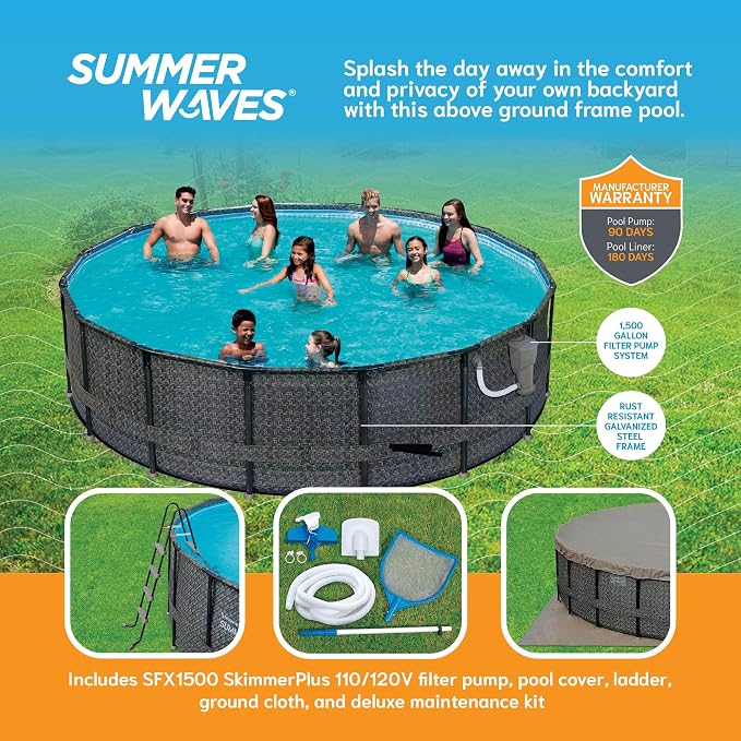 Summer Waves P4A01648B 16ft x 48in Above Ground Frame Outdoor Swimming Pool Set w/ Filter Pump, Pool Cover, Ladder, Ground Cloth, & Maintenance Kit