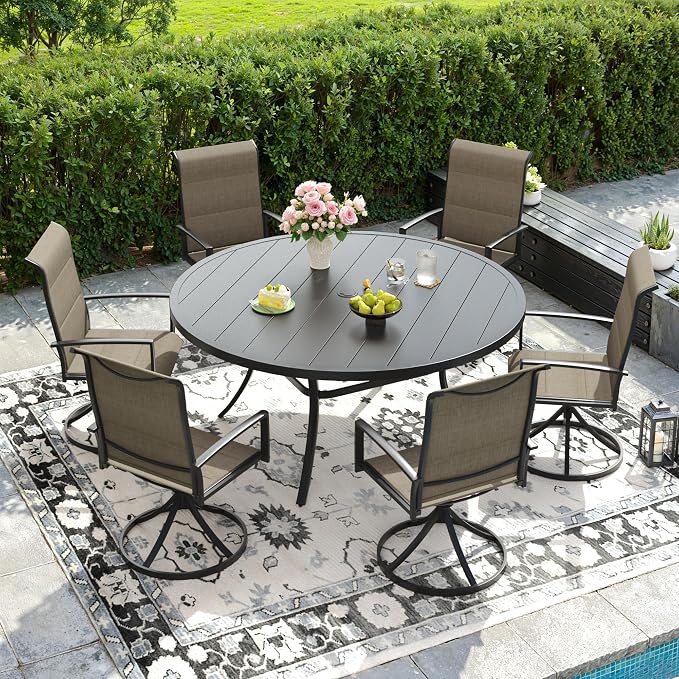 DIFY 7 Piece Outdoor Patio Dining Set for 6, 50" Black Round Metal Dining Table and Swivel Patio Chairs with Brown Padded Textilene, All-Weather Outdoor Furniture Set for Garden Backyard Porch
