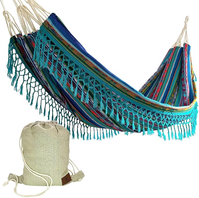 Boho Classic Hammock with Tassel, Handmade, Weather-Resistant, Hammock for Indoor & Outdoor, Lightweight Durable - for Patio, Porch, Backyard Lounging (Quilotoa Teal)