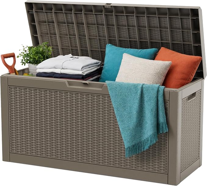 EasyUp 70 Gallon Deck Box Small Deck Box for Indoor and Outdoor,Waterproof Storage Boxs for Patio Furniture,Garden Tools,Cushions, Lockable and UV Resistant,Easy to Install(Grey)