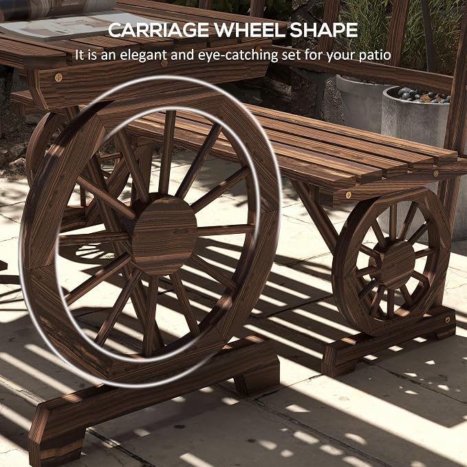 3-Piece Carbonized Pine Patio Dining Set: Wagon Wheel Table & 2 Benches (45.25" L), Rustic Outdoor Furniture for 4-Person, Rain-Ready Slatted Design