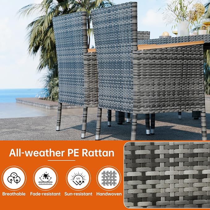 Shintenchi 7 PCS Patio Dining Set, Wicker Patio Conversation Set with Wooden Table Top, Outdoor Table and Chairs with Soft Cushions for Backyard, Deck and Garden, Grey Rattan