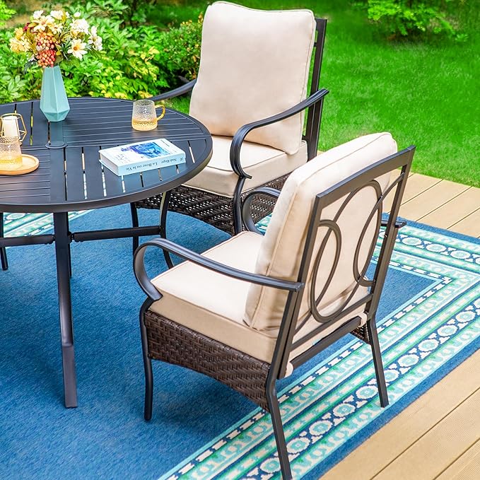 PHI VILLA Patio Dining Chairs Outdoor Wicker Chairs Set of 4 with Cushions | Heavy Duty Outdoor Metal Wicker Dining Chair with Padded Cushions, Large All Weather Wrought Iron Patio Chair for Balcony