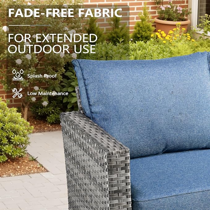 CAODOC 7-Piece Outdoor Wicker Patio Set with 7 Seats, Including 53" Fire Pit - Swivel Rocker Chairs and Conversation Set for Backyard or Lawn, Gray Rattan with Waterproof Blue Cushions