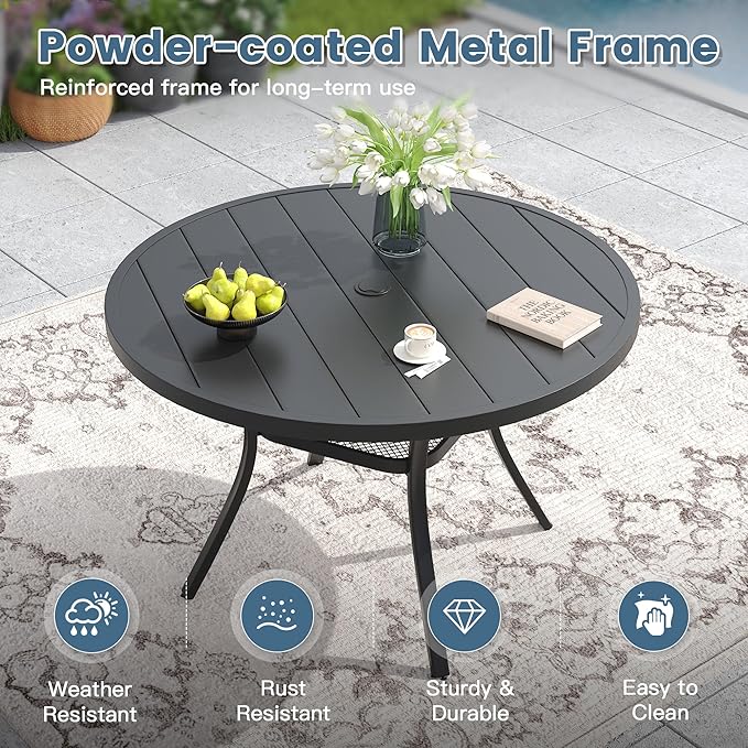 DIFY 5 Pieces Outdoor Dining Set for 4, 47.2" Black Round Metal Table with Umbrella Hole and Dark Grey Textilene Swivel Patio Chairs, Patio Table and Chairs Set for Garden, Backyard, Poolside
