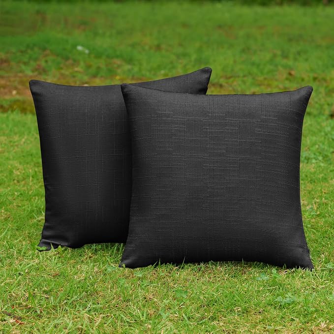 NiNi ALL Waterproof Outdoor Pillow Covers 18x18 Set of 2 Patio Black | Faux Linen Textured Decorative Solid Throw Pillow Covers Farmhouse for Garden Furniture Tent Balcony Couch Sofa Cushion