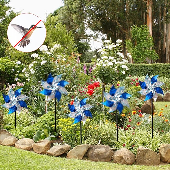 Hausse 10 Pack Reflective Pinwheels with Stakes (Assembly Required), Extra Sparkly Pin Wheel for Garden Decor, Bird Repellent Devices Deterrent to Scare Birds Away from Yard Patio Farm, Blue & Sliver