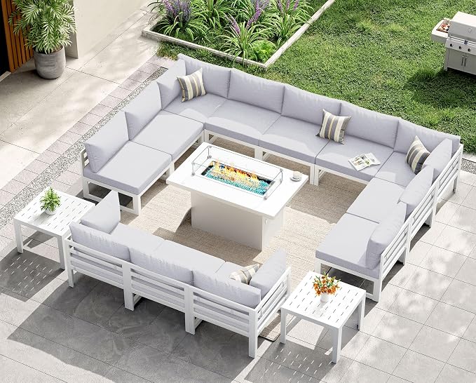 NICESOUL 15 Piece Aluminum Patio Furniture Set with Fire Pit Table & Side Tables, 500lbs Heavy Duty Outdoor Sectional Sofa, L-Shaped 29" Deep Seating Conversation Set for Backyard Garden, Light Gray