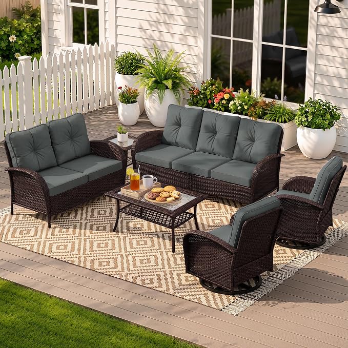 UPHA 6 Pieces Patio Furniture Sets, Wicker Outdoor Sofa Set with Loveseat & 3-Seat Couch, Swivel Chairs, Patio Conversation Set for Deck Backyard Garden, Brown Rattan, Gray Cushion