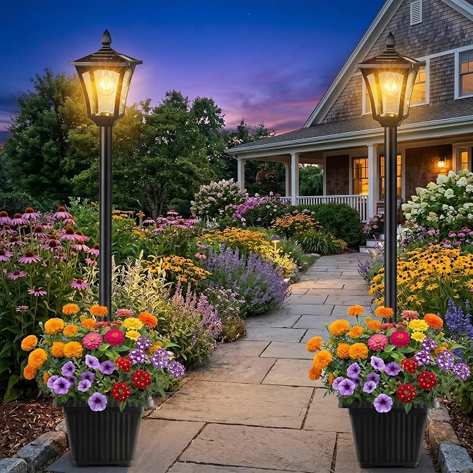 Benany 76" Solar Lamp Post Lights with Planter, Glass & Metal Street Light Outdoor Waterproof, 60 Lumens Dusk to Dawn Solar Pole Light for Garden, Yard, Driveway, Porch, Patio, Warm White