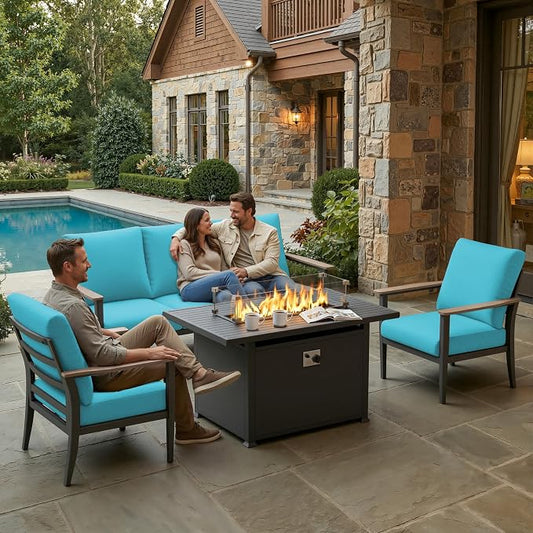 Aluminum Outdoor Patio Furniture Set, 4-Piece Outdoor Sofa with 5.1" Thick Cushions, 55,000 BTU Propane Fire Pit Table, Outdoor Couch for Balcony, Porch, Blue