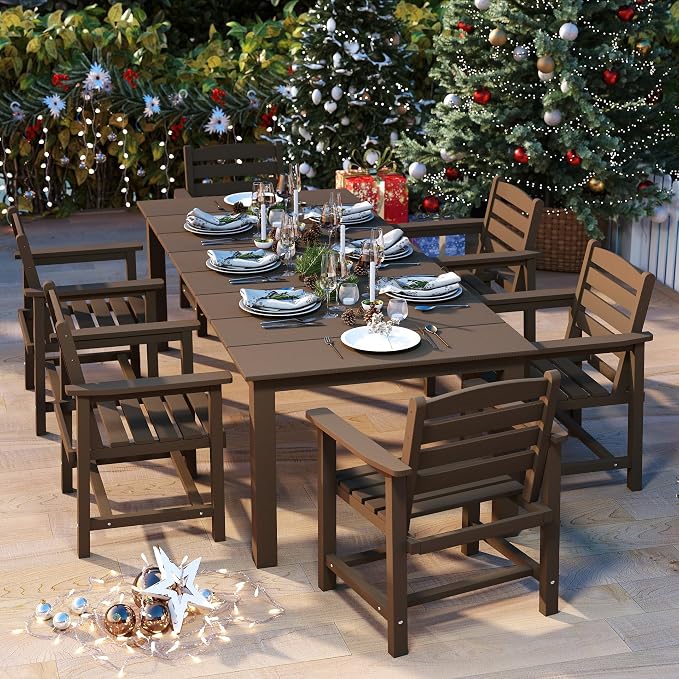 HDPE 5-Piece Outdoor Dining Set with 15FT Umbrella, Brown | All-Weather Patio Table and Chairs for 4, Fade-Resistant Patio Furniture Dining Set for Lawn, Garden, Deck, Backyard