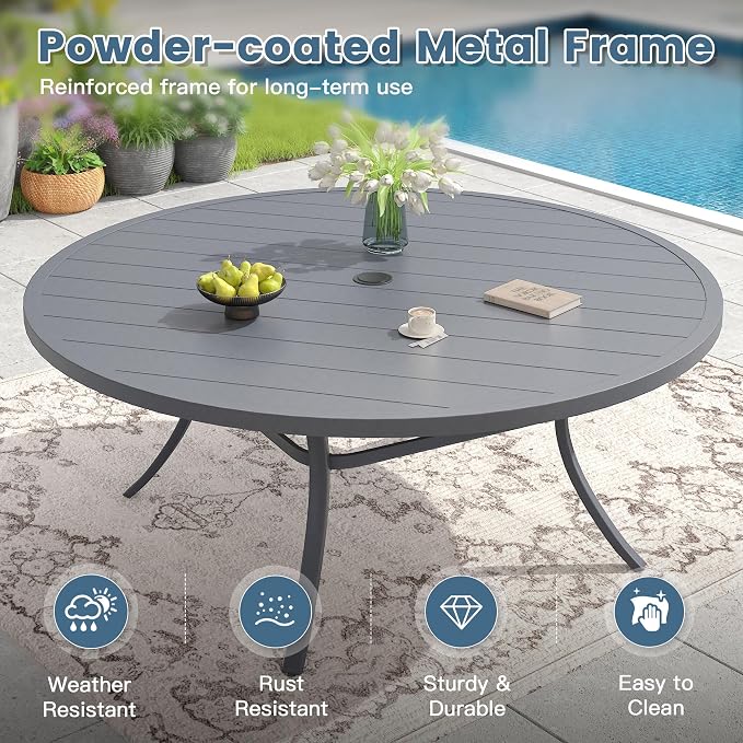 DIFY 9 Piece Outdoor Patio Dining Set for 8, 63" Round Metal Dining Table and Swivel Patio Chairs with Padded Textilene, All-Weather Outdoor Furniture Set for Garden Backyard Porch, Grey