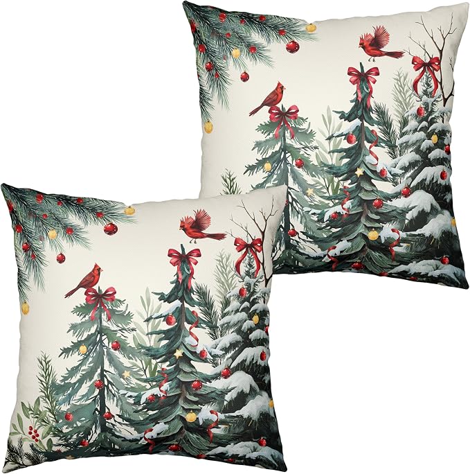 Set of 2 Christmas Tree Pillow Covers Snowy Pine Throw Pillow Covers 22x22 Green Xmas Tree Cardinal Bird Pillowcase Winter Holiday Cushion Case for Home Decor Couch Sofa