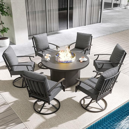 Kullavik 7 Piece Metal Outdoor Patio Furniture Set with Fire Pit Table,Outdoor Dining Table Set with 6 Swivel Chairs and 55000 BTU Outdoor Round Fire Pit,Grey