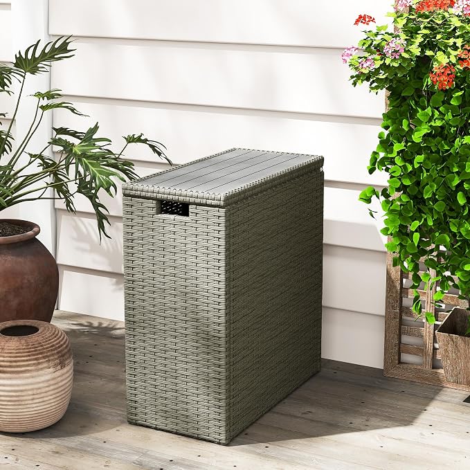 Outsunny 17 Gallon Wicker Small Deck Box, PE Rattan Outdoor Storage Box with Slatted Acacia Wood Flip Top for Indoor, Patio Furniture Cushions, Pool Supplies, Garden Tools, UV Resistant, Gray