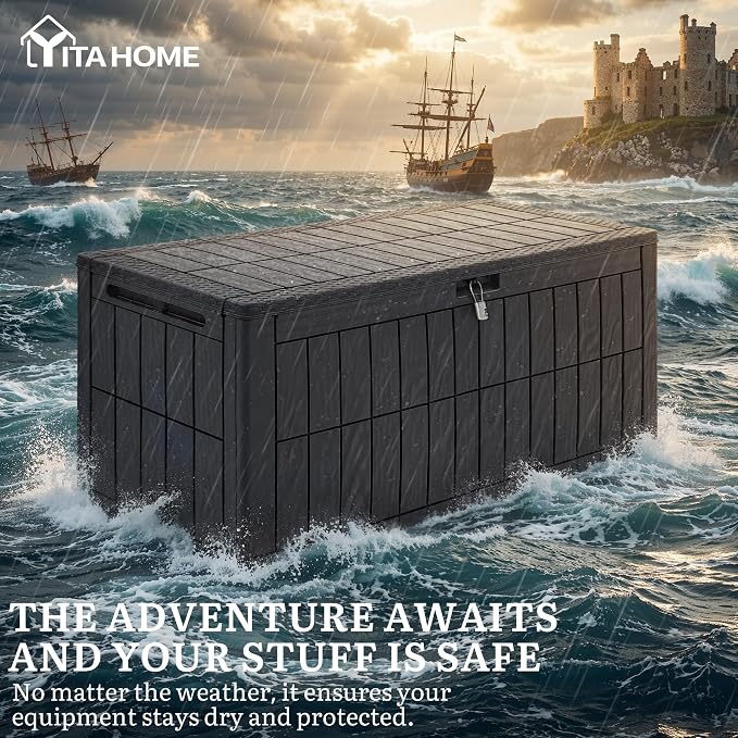 YITAHOME 110 Gallon Outdoor Deck Box, Waterproof Resin Storage Box with Lock, Lockable Patio Furniture Bin, 2-Person Bench Seating for Outdoor Cushions, Garden Tools & Sports/Pool Supplies, Dark Gray