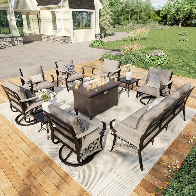 10 Pieces Outdoor Patio Conversation Sets, Outdoor Furniture Set Metal 3-Seater 4 Swivel Rockers with 2 Side Tables 2 Single Chairs with Fire Pit Table for Backyard Deck Porch Poolside, Beige