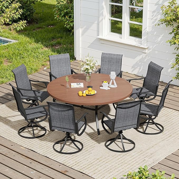 VICLLAX 9 Pieces Outdoor Dining Set, Patio Furniture Set of 8 Patio Swivel Dining Chairs and 60" Patio Round Table, Dark Charcoal Chairs & Walnut Tabletop