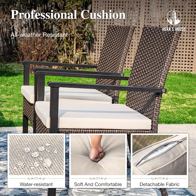 HERA'S HOUSE Outdoor Dining Set 5-Piece, 4 PE Wicker Patio Chair with Cushion & 37" Square Metal Dining Table with 1.57" Umbrella Hole for Lawn Garden Backyard Deck