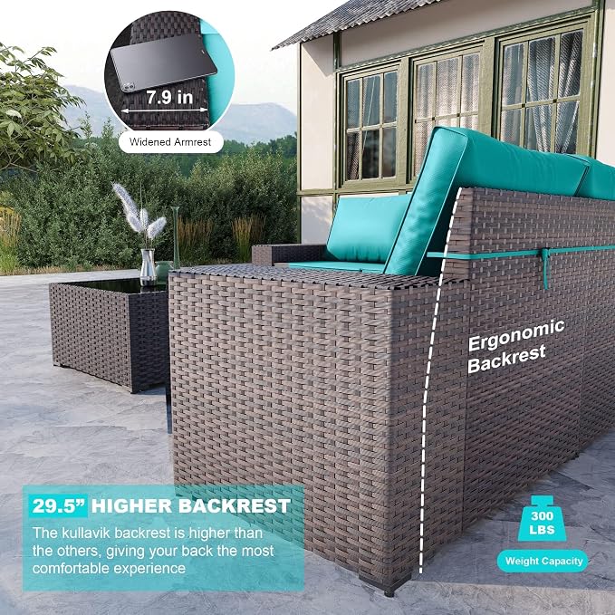 Kullavik 13PCS Outdoor Patio Furniture Set with 43" 55000BTU Gas Propane Fire Pit Table PE Wicker Rattan Sectional Sofa Patio Conversation Sets,Blue