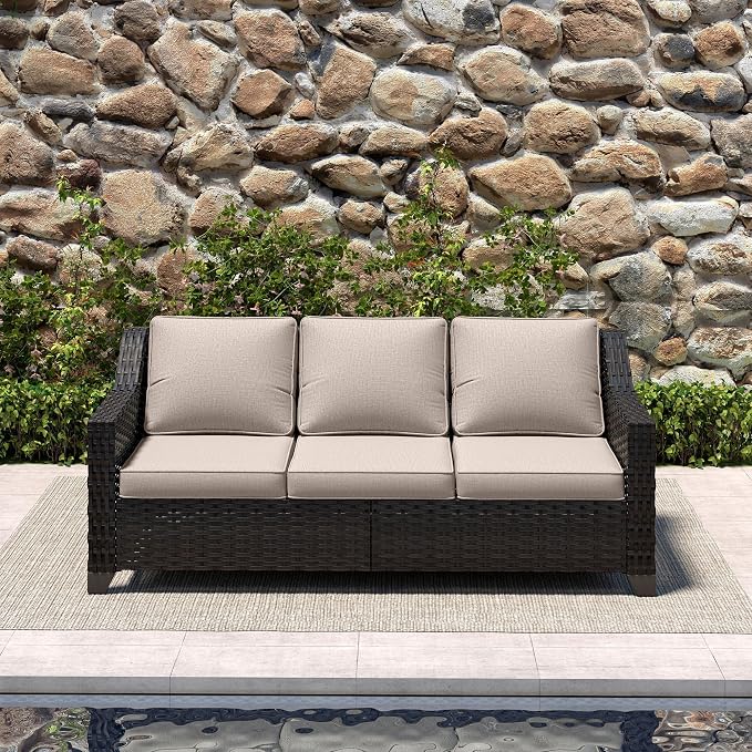 77'' Patio Sofa, All Weather Outdoor Rattan Wicker 3-Seat Sofa High Back Couch with Premium Cushions for Garden Backyard Porch(Brown/Beige)