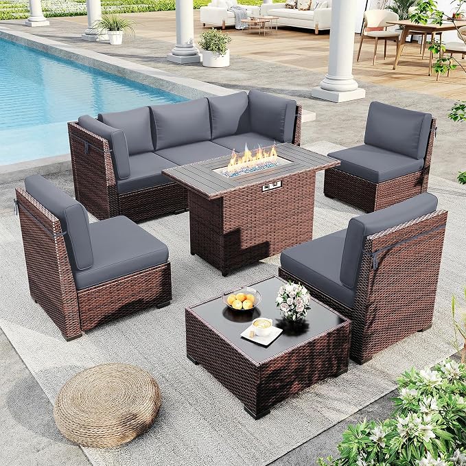 Outdoor Patio Furniture Set with 44" Fire Pit Table 8 Pieces Rattan Patio Sectional Sofa Conversation Set w/55000 BTU Propane Gas Fire Pit, Coffee Table, 2 Waterproof Covers, Grey
