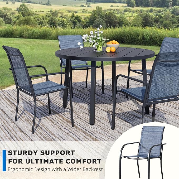 9-Piece Patio Furniture Set, Black Round Patio Table and Light Blue Chairs Set of 8, Outdoor Dining Set with Umbrella Hole for Garden, Yard, Patio