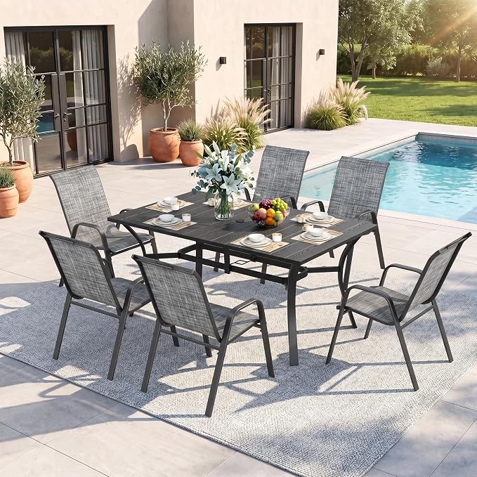 Outdoor Dining Set for 6, Patio Metal Table and Chairs Set with 1.97'' Umbrella Hole, 7pcs Patio Furniture Set 63”x37.8” Dining Table Set with Stackable Chairs for Backyard Pool Deck