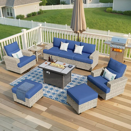 Weaxty 9 Pieces Wide Seats Outdoor Furniture Set, Sectional Couch Swivel Rocking Chair Ottoman Fire Pit Table, Thick Cushion All-Weather Rattan Patio Conversation Sets for Backyard Deck, Navy Blue