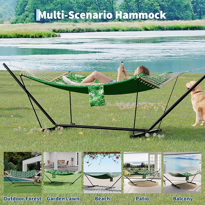 2 Person Hammock with Stand for Outdoor, 475 Lbs Capacity, Heavy Duty Portable Hammock with Adjustable Steel Stand for Patio, Garden, Beach, Backyard - Includes Carrying Bag