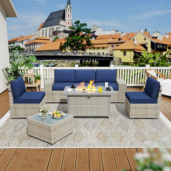 7 Piece Patio Furniture Set, 8" Wide Arm Sectional Sofa Set with 50000 BTU Propane Fire Pit Table & Coffee Table, Rattan Outdoor Conversation Set for Garden, Porch, Lawn, Blue