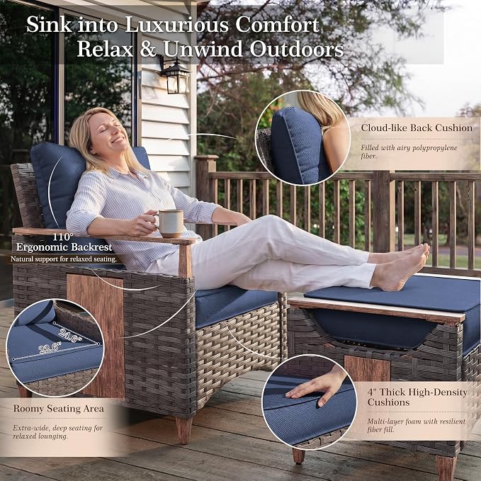 NestNook 6 Pieces Patio Furniture Set, Outdoor Conversation Set with All-Weather Handwoven PE Wicker Sofa, Rattan Chairs and Thick Cushion, Coffee Table & Ottoman for Backyard, Deck & Poolside, Blue