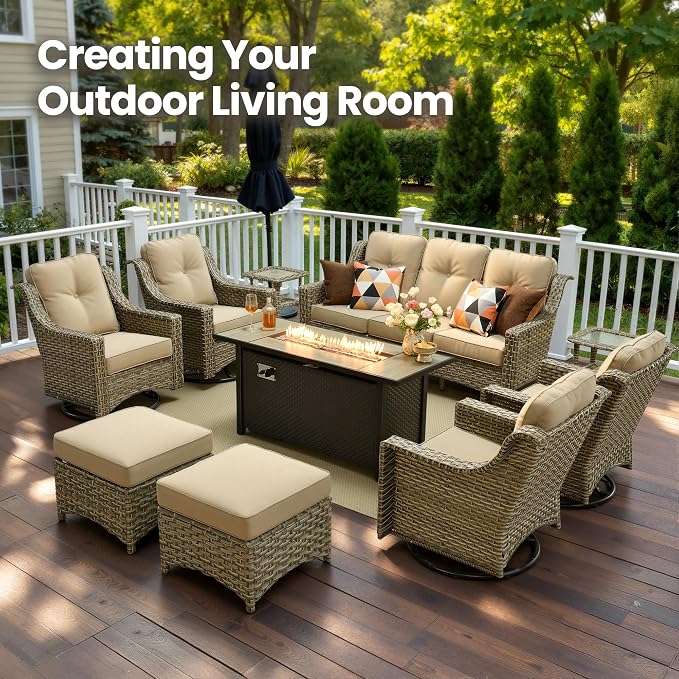 10 Piece Patio Furniture Set with Fire Pit Table, Outdoor Wicker High Back Sofa and Swivel Rocker Chairs Set of 4 with Ottoman, Large Conversation Sets for Backyard Deck Garden, Beige