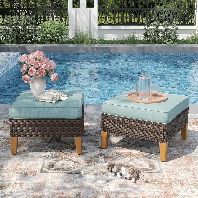 PHI VILLA 2 Pieces Patio Ottoman, All Weather Rattan Wicker Ottoman Seat, Outdoor Footstool Footrest Seat with Cushions, Aqua Blue