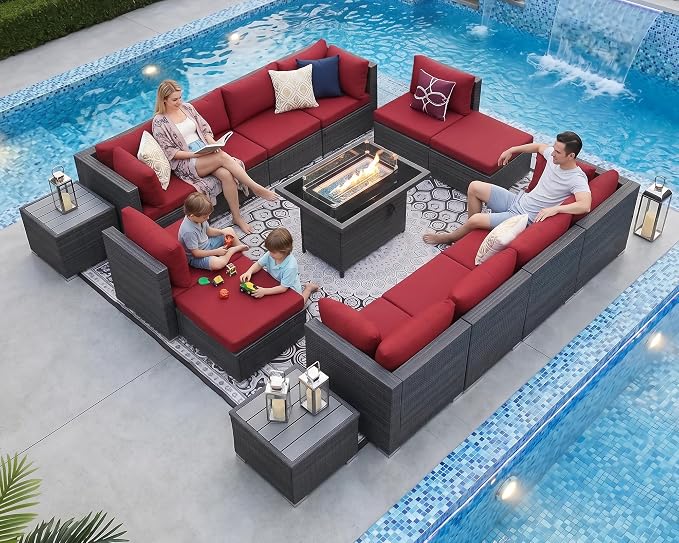 NICESOUL 15 Piece Outdoor Sectional with Fire Pit Table, Modern Luxury Patio Deep Seating w/Firepit, 29.3'' High-Back Wicker Couch Thick, Big High-Weight Capacity Sofa for Terrace, Yard, Gray & Red