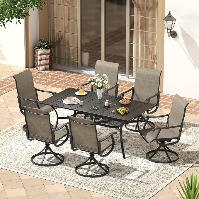 VICLLAX 7 Pieces Patio Outdoor Dining Set, 59" Metal Dining Table with Umbrella Hole and 6 Swivel Textilene Chairs for Lawn,Garden,Porch,Black/Brown