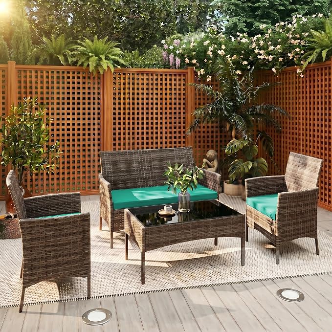 4 Pieces Outdoor Patio Furniture Set, Wicker Patio Conversation Set with Tea Table, All-Weather Outside Rattan Sectional Sofa for Backyard, Poolside, Garden, Balcony, Brown/Green