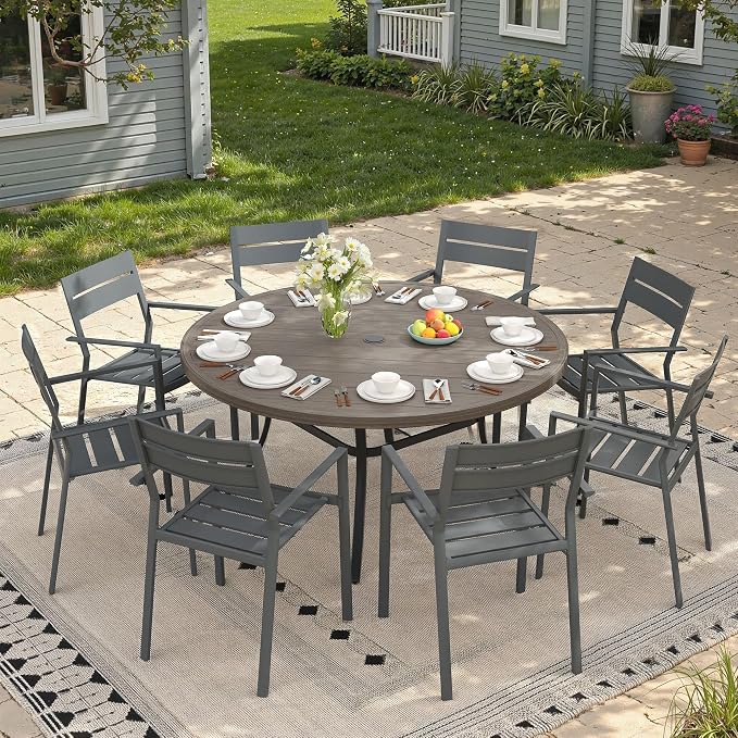 Patio Dining Set for 8, 53" Outdoor Dining Table and Chairs Set with Stackable Patio Chairs Outdoor Furniture for Garden Deck Backyard, Grey Table and Grey Chairs