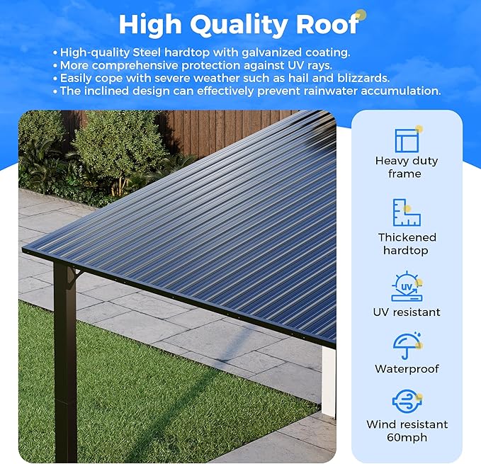 AirWire 10'x14' Lean to Gazebo, Hardtop Pergola with Metal Roof, Wall Mounted Heavy Duty Canopy Awning for Backyard, Deck and More