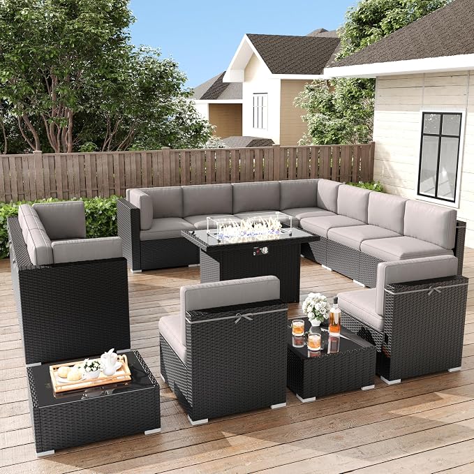LayinSun 15 Pieces Patio Furniture Set with Fire Pit Table, Black Rattan Modular Sectional Patio Conversation Sofa Set