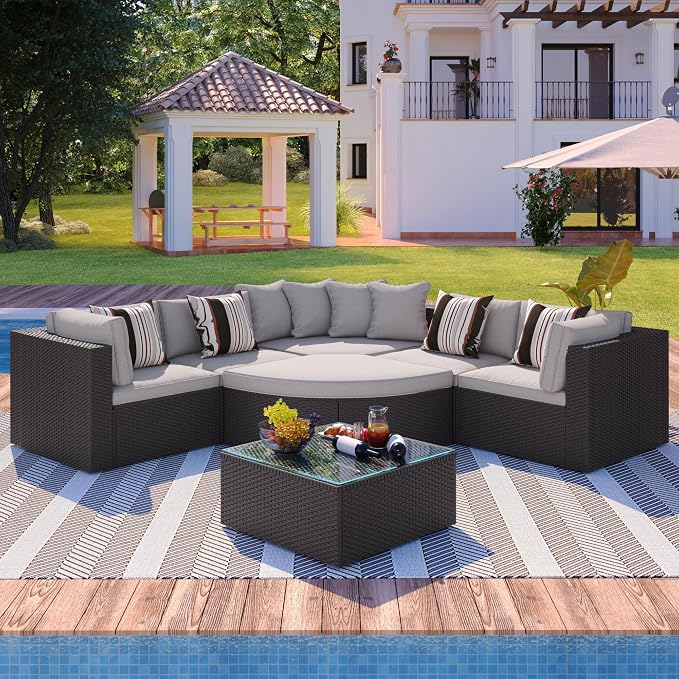7-Piece Outdoor Wicker Sofa Set, Rattan Sofa Lounger with Striped Pillows, Gray Cushion, Conversation Sofa Set with Coffee Table, for Patio, Garden, Deck (Brown Wicker+Gray Cushion-@A)