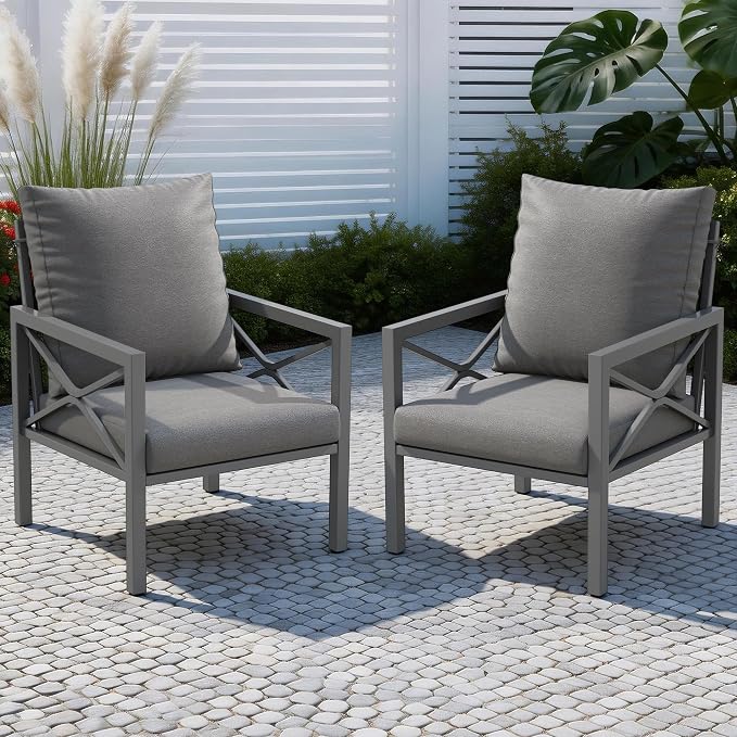 2-Piece All-Weather Metal Patio Furniture Set, Outdoor Bistro Armchairs with Cushions, Heavy Duty Steel Frame & Washable Cushions for Backyard Garden (Grey)