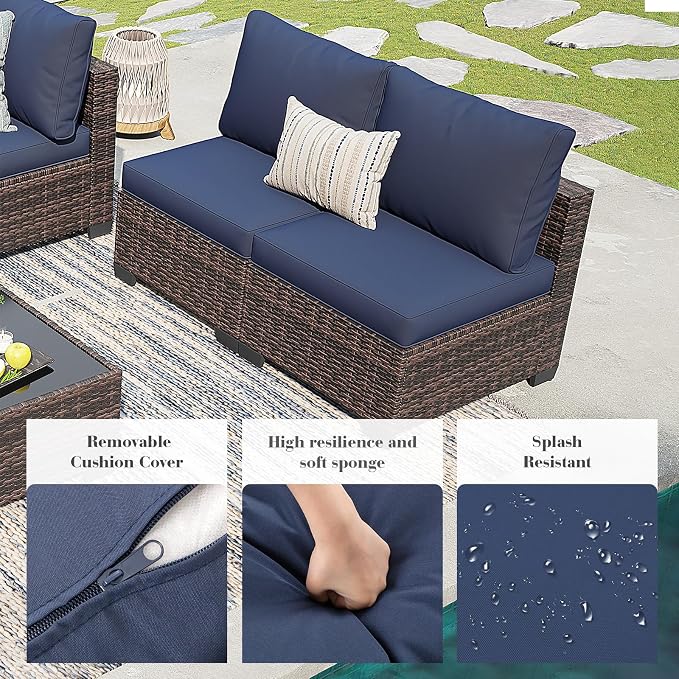 7 Pcs Patio Furniture Set, All-Weather Wicker Sofa Brown & Blue | Weather Resistant PE Rattan | Thick Cushions | Removable Easy Clean | 450 lbs | Ideal for Backyards, Poolside, Balcony