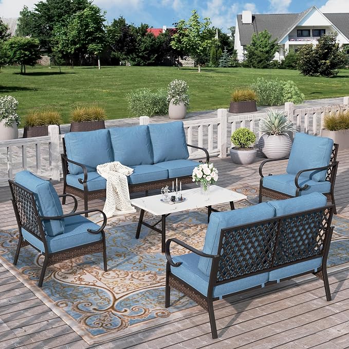 HERA'S HOUSE 5 Piece Metal Patio Furniture Set, 7 Seats All Weather Outdoor Conversation Set, 3 Seat Sofa with Loveseat, 2 Fixed Chairs, Coffee Table for Backyard, Garden, Deck, Navy Blue