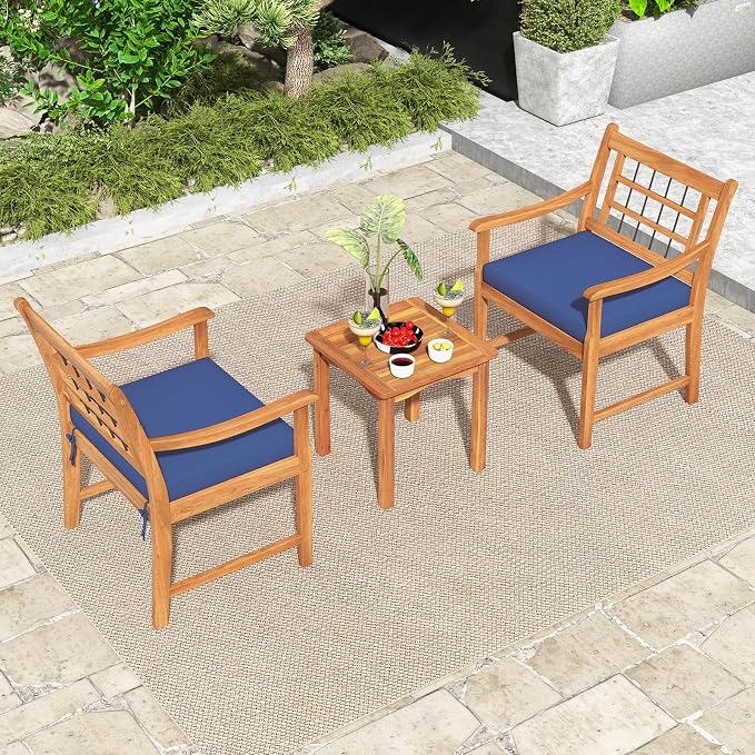 HAPPYGRILL 3 Piece Acacia Wood Patio Conversation Set, Outdoor Bistro Set with Cushions, Solid Wood Frame, 2 Armchairs & Coffee Table Set for Backyard, Porch, Poolside (Navy)